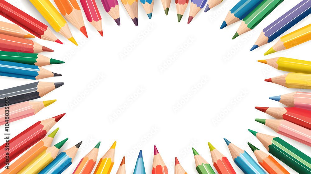 Poster a speech bubble with colorful pencils and stationery objects on its border
