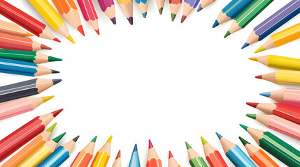 A speech bubble with colorful pencils and stationery objects on its border