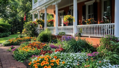 Vibrant flowerbed at a two-story red brick house in Maryland with a white balcony.