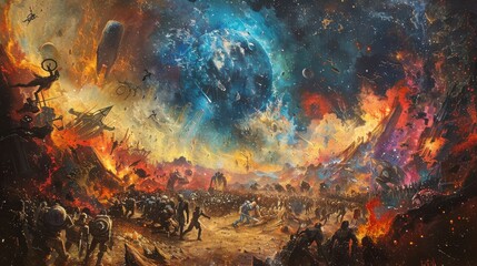 A painting of a war scene with a large planet in the background. Generative AI