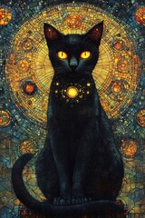 Mystical black cat surrounded by cosmic patterns and celestial orbs symbolizing the universe's enigmatic beauty and wonder