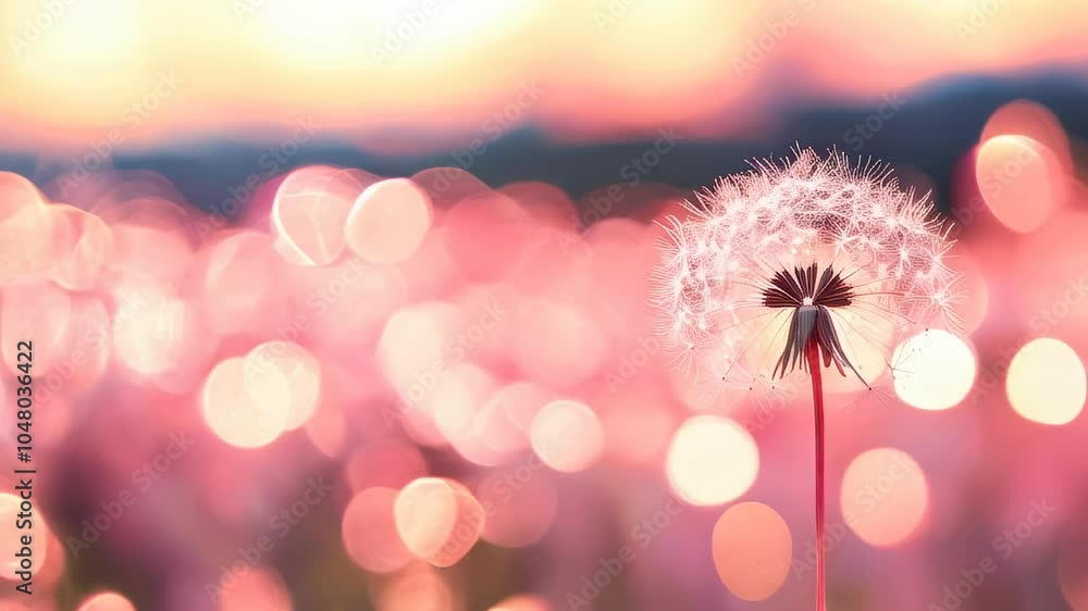 Poster a delicate dandelion with a soft pink bokeh background, creating a dreamy and whimsical scene symbol