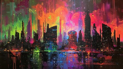 Obraz premium A painting of a cityscape with a bright, colorful sky and buildings. Generative AI