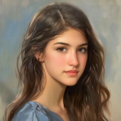 Naklejka premium A serene portrait of a young woman with flowing hair set against a soft, dreamy background
