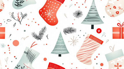 Christmas trees, stockings, and wrapped presents, with a playful and cheerful holiday atmosphere