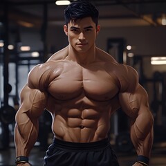 Fototapeta premium a man with a barbell that says muscle on the chest.