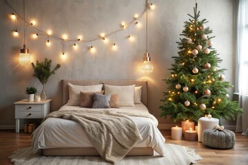 Cozy Minimalist Bedroom with Soft Bedding and Warm Fairy Lights for a Serene Christmas Atmosphere