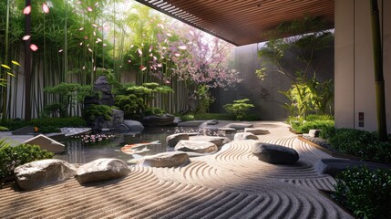A serene garden with a pond and rocks, surrounded by trees and bushes. Generative AI