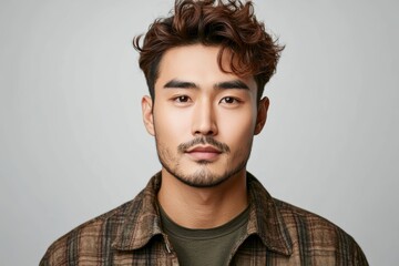 Fototapeta premium 魅力的な男性のポートレート、自然光の中でリラックスした表情のスタイリッシュな若者