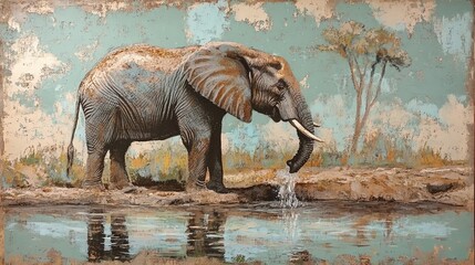 Fototapeta premium Majestic elephant drinking water by the river in a serene landscape.