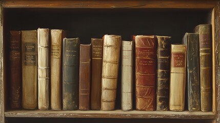 Old books neatly arranged on a wooden shelf, showcasing various bindings and colors.