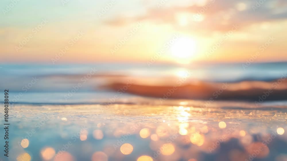 Poster soft waves at a beach sunset with a bokeh effect of sparkling reflections, capturing a warm and tran