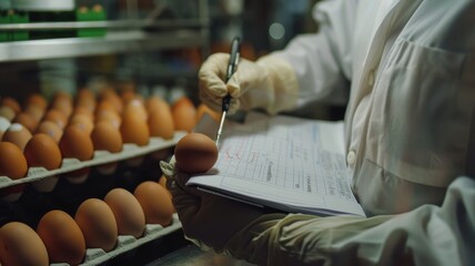 Obraz premium Scientist documenting egg experiment results, Science experiment, Recording scientific data