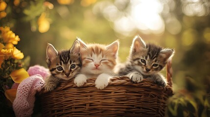 Cute little kittens in basket on green grass outdoors, closeup