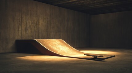 Skateboarding ramp in a dimly lit indoor space with concrete walls and a wooden surface.