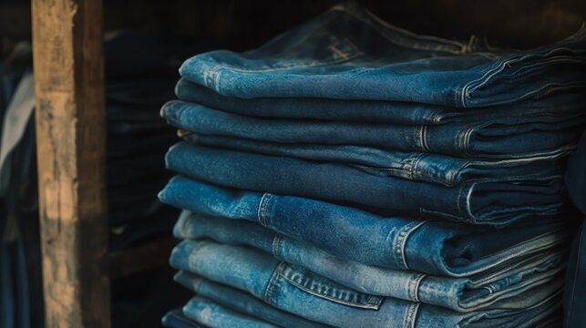 Stack of folded denim jeans in various shades of blue, displayed on a wooden shelf.