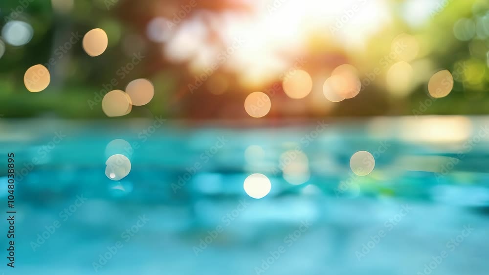 Poster close-up of a wooden deck beside a pool with sparkling bokeh and warm sunlight, creating a serene su