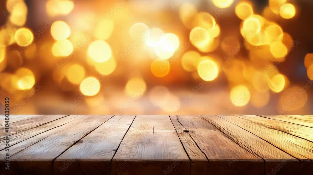 Aufkleber rustic wooden table with a background of vibrant, warm golden bokeh lights, creating a festive and i