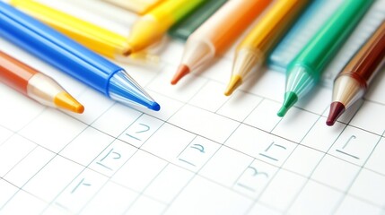 Obraz premium Vibrant assortment of colored pens and pencils arranged on a notebook page, ideal for creative projects.