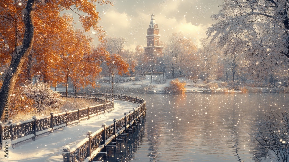 Aufkleber a snowy landscape with a bridge and a tower in the background. generative ai