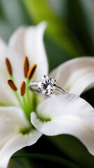 Fototapeta premium A detailed shot of a diamond ring placed delicately on a white lily