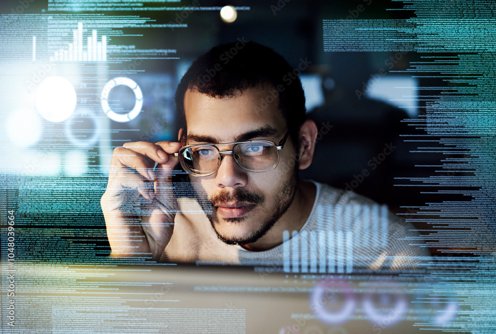 Aufkleber Man, programmer and hologram in night with computer, ui or big data analysis with graphs, stats and info. Person, reading and code for digital transformation, future or user experience with software
