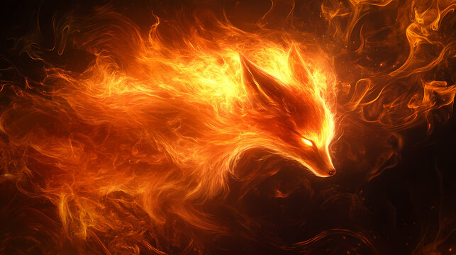 Ethereal nine-tailed foxfire beast wreathed in mystical flames and chiaroscuro lighting. Nine-Tailed Fox. Illustration