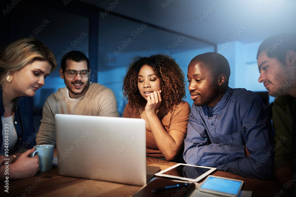 Leinwandbilder Night, office and business people with collaboration by laptop for web server, solution and launch. Programming, support and IT developer with meeting for backend development, deployment and testing
