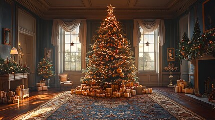 Fototapeta premium Cozy Family Christmas Tree Decoration in Festive Room