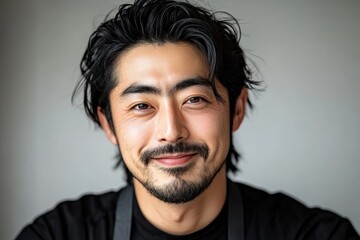 Obraz premium 日本料理のシェフが微笑む、料理の背景にある情熱を感じる瞬間