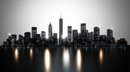 Fototapeta premium City skyline at dusk, showcasing tall buildings with illuminated windows reflecting on water. Scene captures essence of urban life and modern architecture.