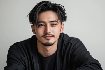 Fototapeta premium 若い男性が穏やかな表情でカメラを見つめるポートレート、シンプルな背景のスタジオ撮影