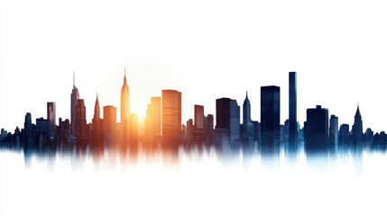 Fototapeta premium City skyline at sunset, showcasing tall buildings and iconic structures silhouetted against vibrant orange and blue sky.