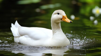 Fototapeta premium A graceful white duck swimming in serene water, creating ripples around it.