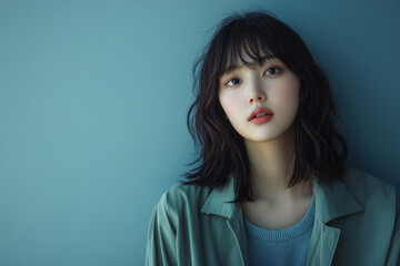 Fototapeta premium 青い壁の前でポーズを取る若い女性のポートレート