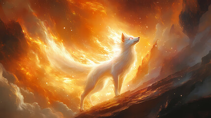 Ethereal transformation: kitsune shifting from fox to human in dramatic landscape with glowing aura. Shape-shifting Kitsune. Illustration