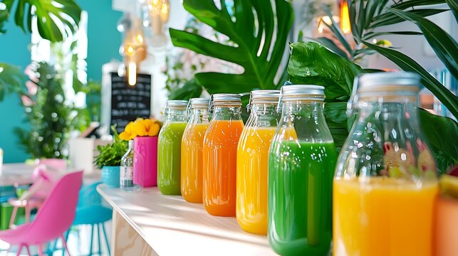 Colorful Bottles of Fresh Juice on Display