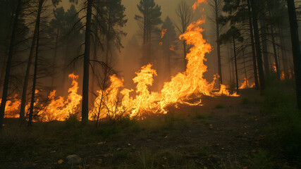 A raging wildfire consumes trees and undergrowth, casting a fiery glow on the landscape