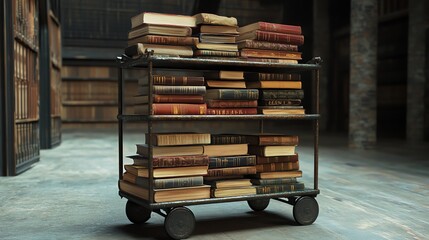 A vintage book cart filled with stacked, old books in a cozy library setting.