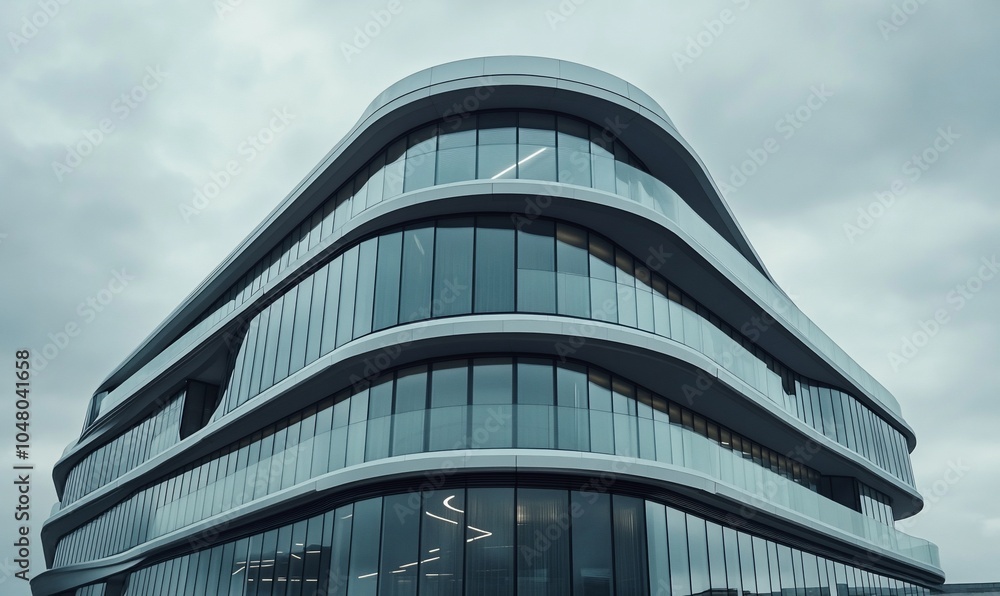 Poster a modern office building with a curved facade and large windows.