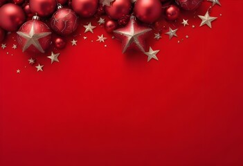 Red Christmas ornaments and stars on a red background.