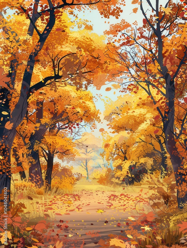 Poster a beautiful autumn forest filled with golden leaves and trees showcases the vibrant colors of fall, 