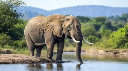 Obraz premium An elephant drinking water from a river in a lush green landscape, showcasing the beauty of wildlife.