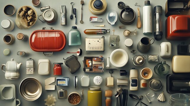 An assortment of kitchen utensils and containers arranged flat on a surface.
