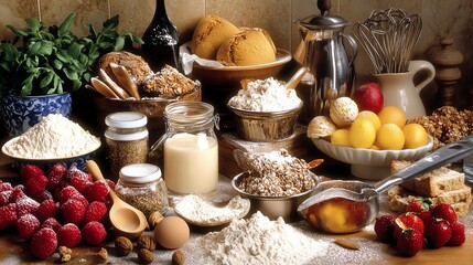 Fototapeta premium Baking ingredients arranged beautifully on a rustic table with fruits and spices, perfect for culinary creativity.