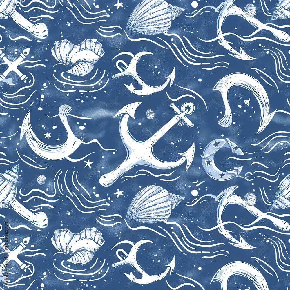 Poster this design showcases a pattern adorned with anchors, shells, and flowing waves set against a deep b