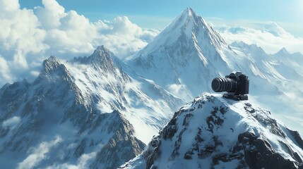 Camera on snow-covered peak, stunning mountain landscape with clouds in the background, pristine nature beauty.