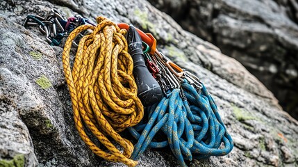 Climbing gear including ropes and carabiners arranged on rocky terrain.