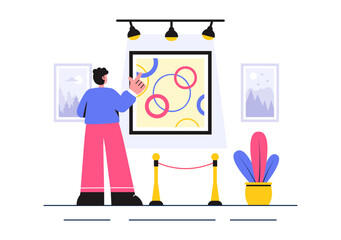 Photo Gallery Vector Illustration featuring Museum Visitors Viewing an Exhibition of Modern Abstract Paintings and Pictures in a Contemporary Design