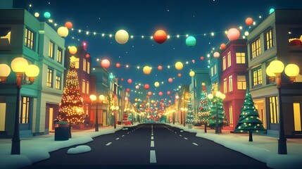 Naklejka premium Festive Christmas Street at Night with Snow and Lights